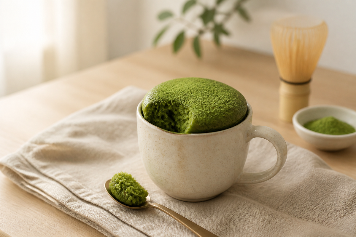 Green matcha mug cake in a cream ceramic mug on a light wood surface with a spoon, bamboo whisk, and dish of matcha powder in soft window light