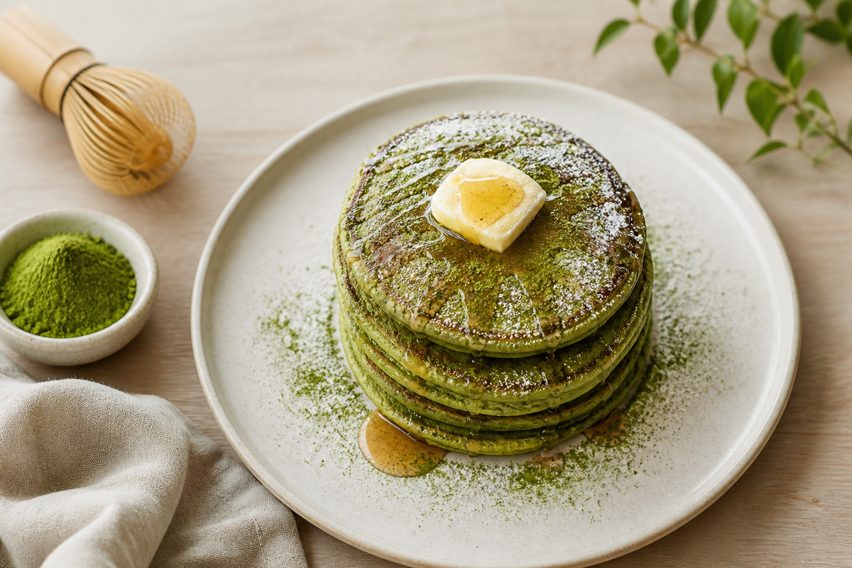 Stack of green matcha pancakes with butter and maple syrup, bamboo chasen whisk and bowl of Nippon Matcha powder
