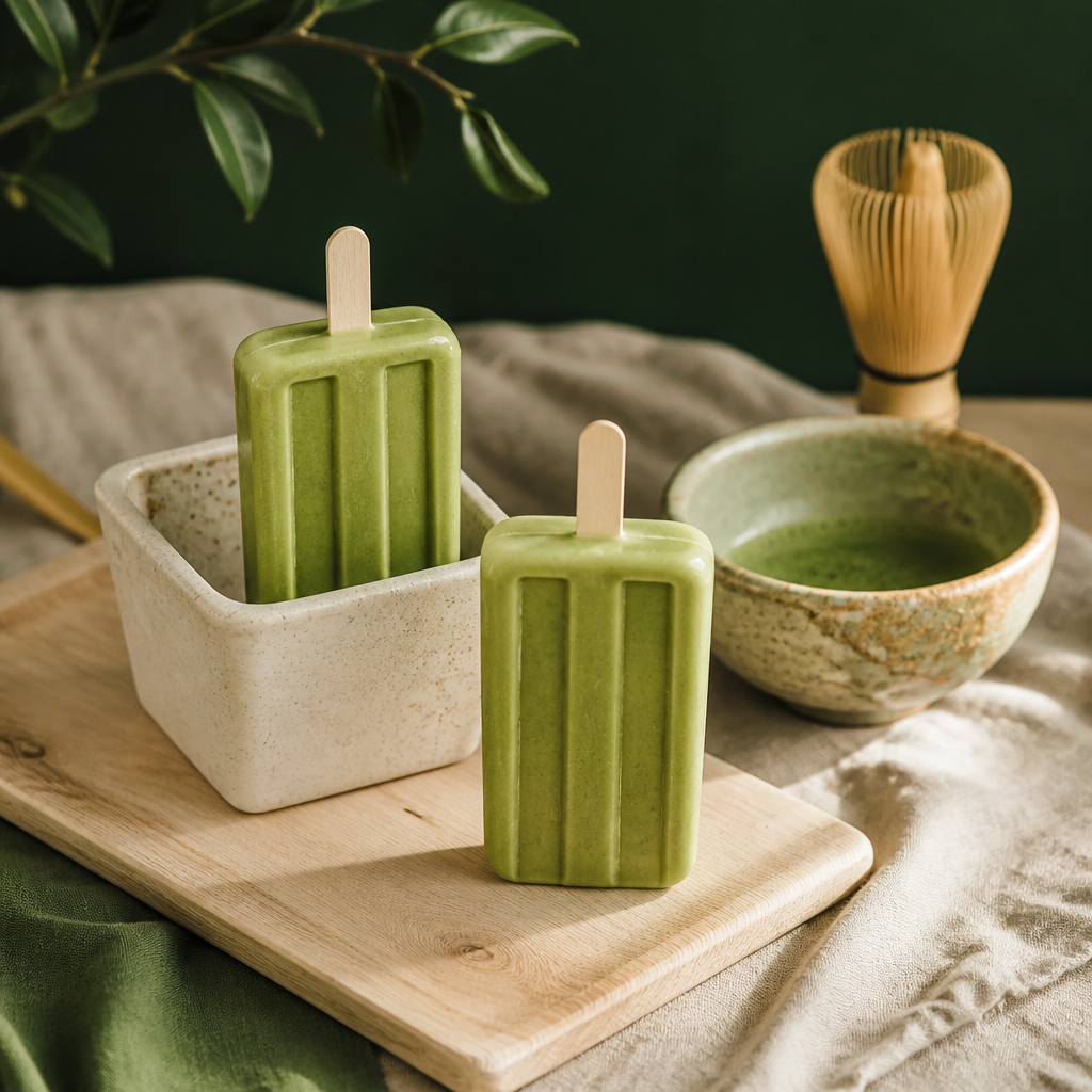 Creamy green matcha popsicles on a light wood board beside a ceramic bowl of whisked matcha in soft window light