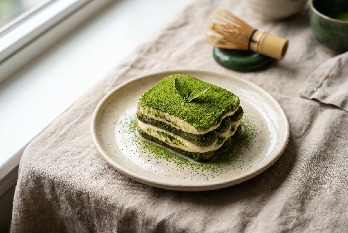 Slices of Nippon Matcha tiramisu dusted with green tea powder on a plate with mint leaf and bamboo whisk