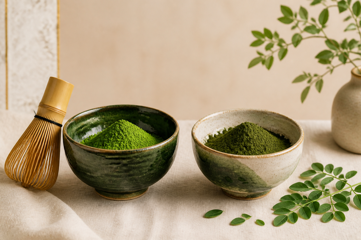 Two ceramic bowls side by side on cream linen — vivid green matcha powder with a bamboo whisk, and darker olive-green moringa leaf powder with fresh moringa leaves
