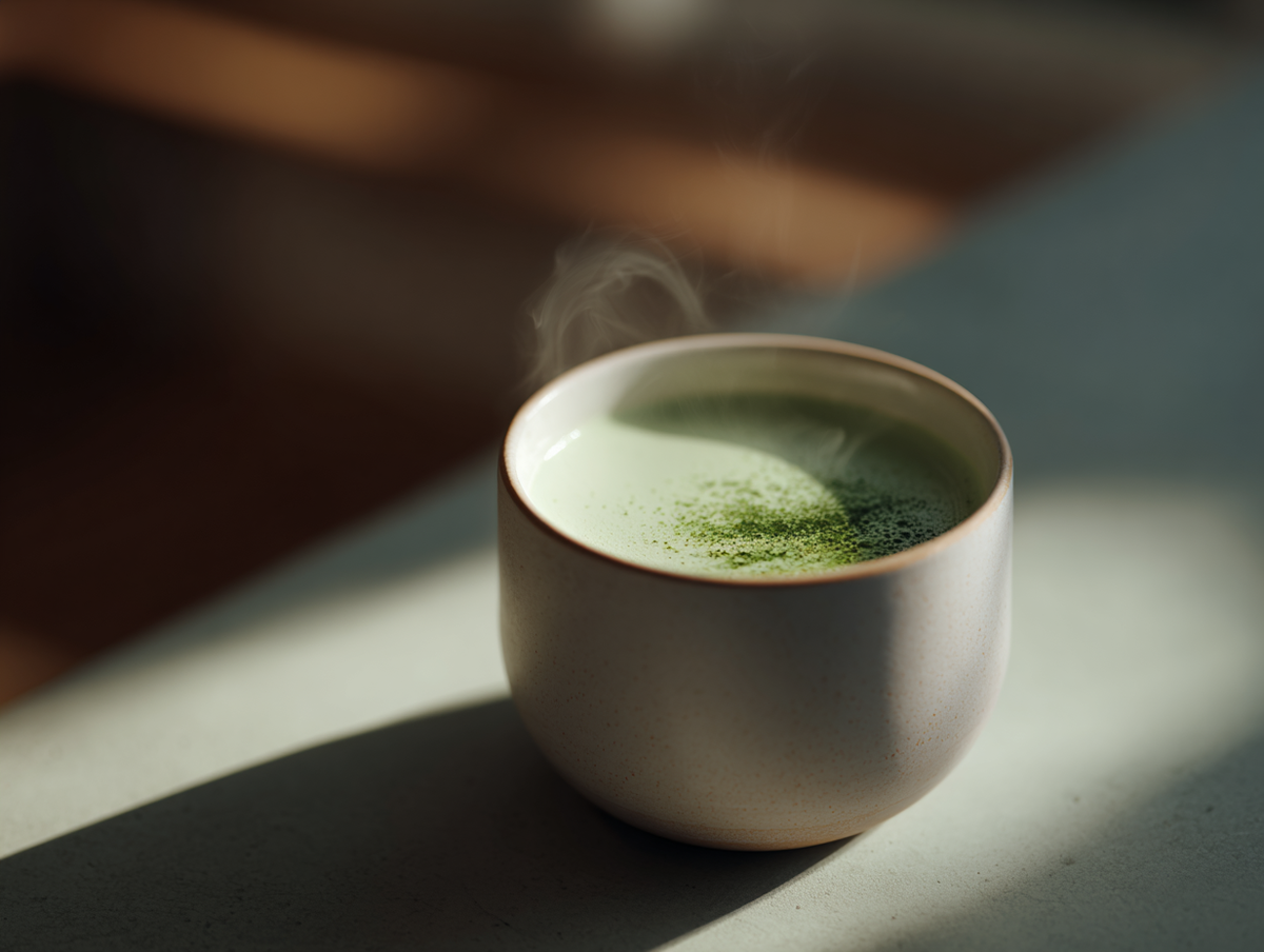 Nippon Matcha hot matcha latte in a ceramic cup with steam rising, soft light casting a long shadow on a dark surface