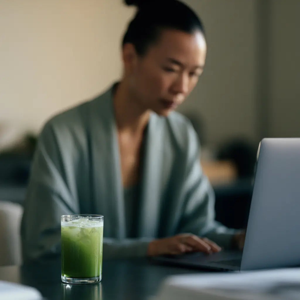 Person working on a laptop with iced matcha drink on the table