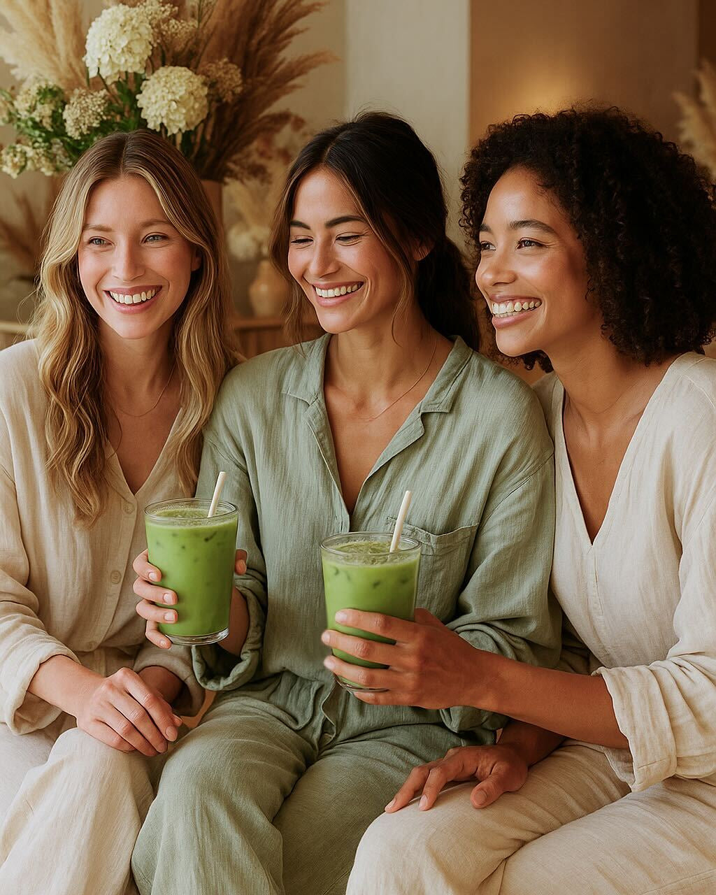 Three women sitting together holding green matcha in a cozy indoor setting.