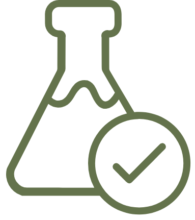 Green icon of a beaker with a check mark on a white background