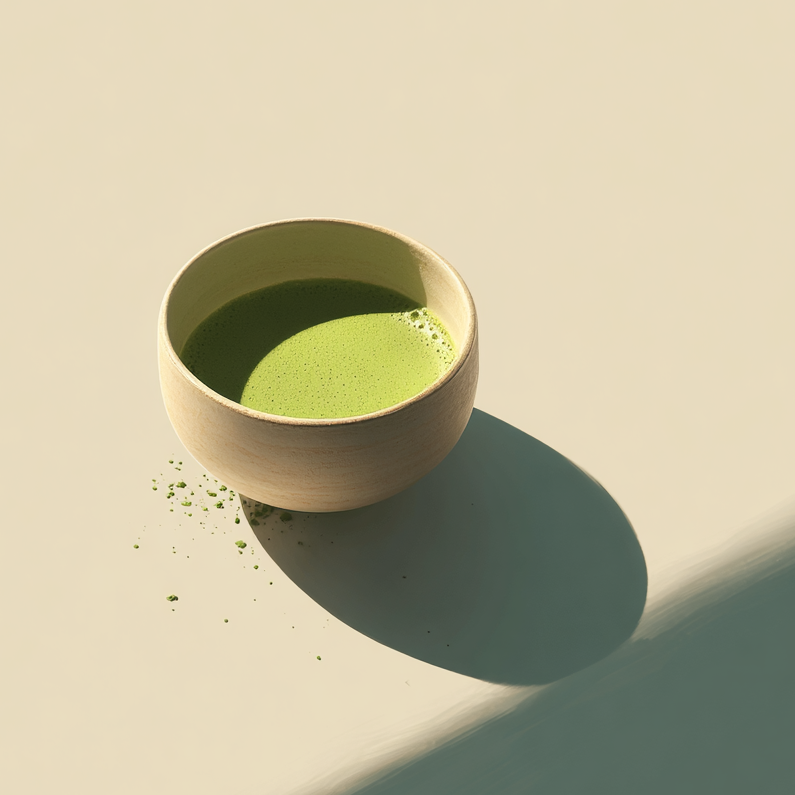 Ceramic bowl with green liquid on a beige background