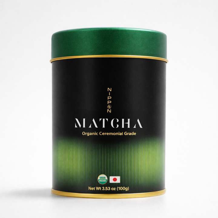 Nippon Matcha organic ceremonial-grade matcha from Uji, Kyoto — product tin close-up