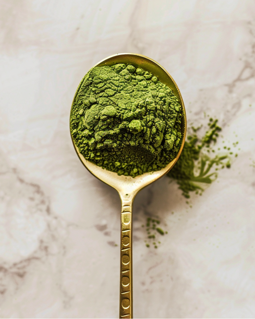 Gold spoon filled with green matcha powder on a marble surface
