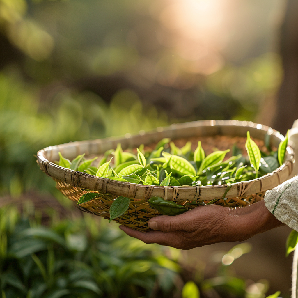 Person holding a woven basket filled with green tea leaves in a natural setting